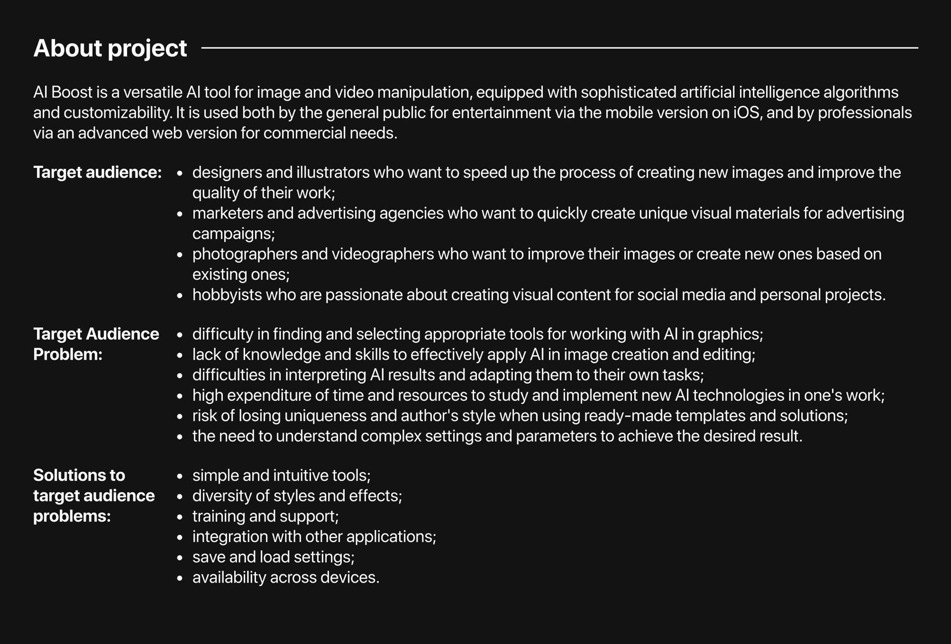 AI Boost audience, user problems and proposed solutions; a text description is provided above.