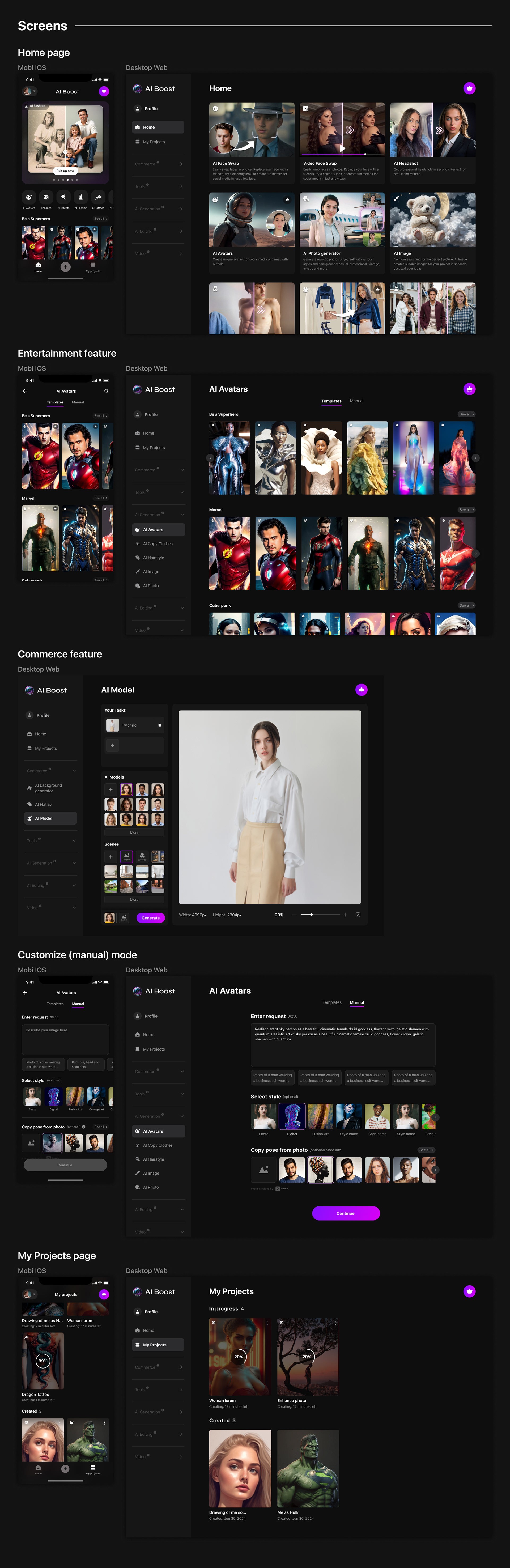 AI Boost interface screens and user-flow examples.
